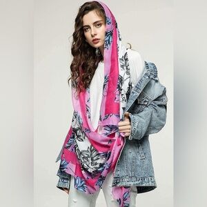 Lulla Collection Scarf Floral Pink, Gray, Blue, White,border in hot pink,fringes